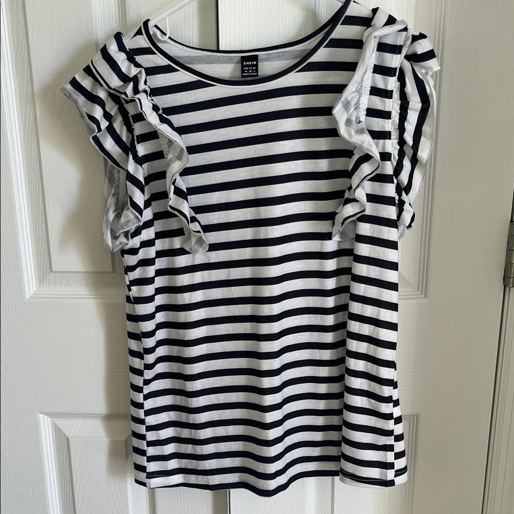 SHEIN Black and White Striped Ruffle Sleeve Tee